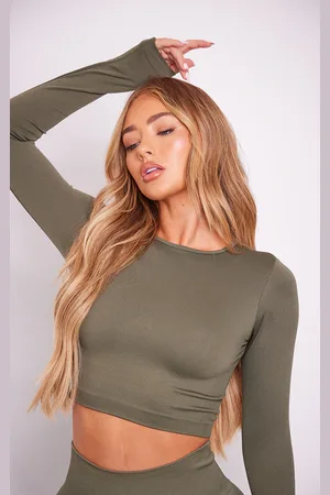 PRETTYLITTLETHING Olive Seamless Long Sleeve Cropped Gym Top