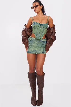 PRETTYLITTLETHING Green Tint Low Rise Denim Mini Skirt