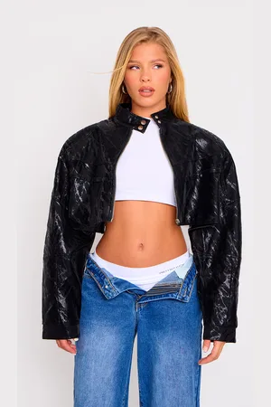 PRETTYLITTLETHING Sheen Look Panelled Cropped Biker Jacket