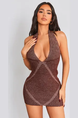 PRETTYLITTLETHING Petite Contrast Knitted Halterneck Mini Dress