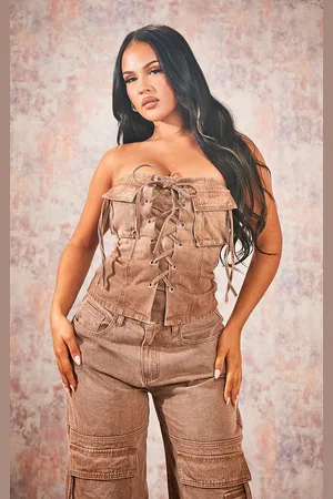 PRETTYLITTLETHING Denim Lace Up Front Corset Top