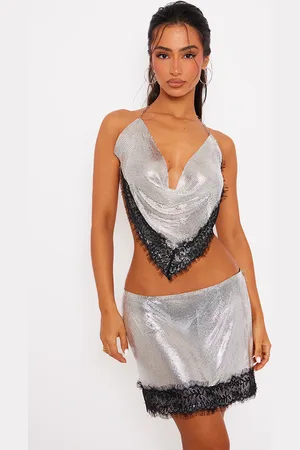 PRETTYLITTLETHING Petite Silver Lace Detail Chainmail Crop Top