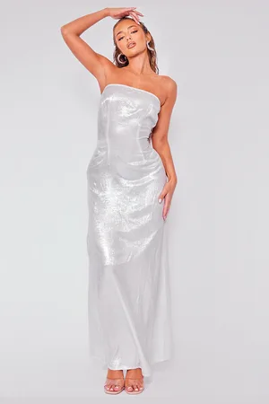 PRETTYLITTLETHING Silver Textured Bandeau Maxi Dress