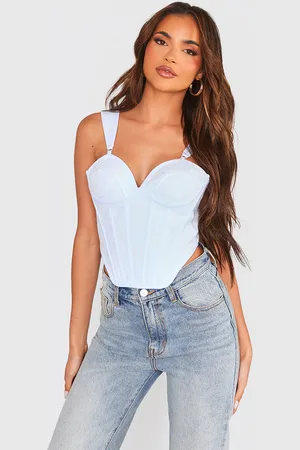 Washed Grey Distressed Cup Denim Corset Top