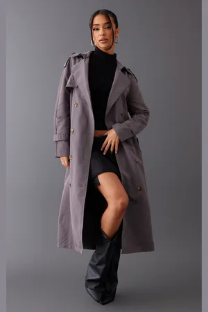 PRETTYLITTLETHING Petite Charcoal Oversized Trench Coat