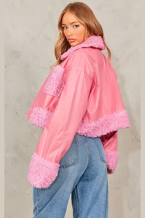 PRETTYLITTLETHING Borg Pocket Front Faux Leather Cropped Coat