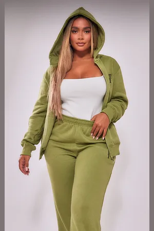 PRETTYLITTLETHING Shape Khaki Embroidered Zip Through Hoodie