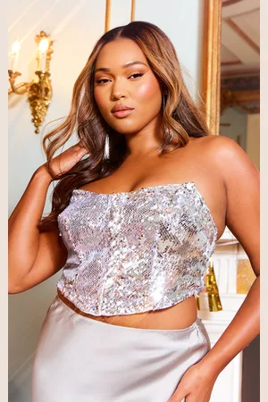 PRETTYLITTLETHING Plus Silver Sequin Hook And Eye Corset