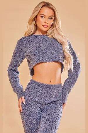 PRETTYLITTLETHING Cable Knitted Denim Look Crop Jumper