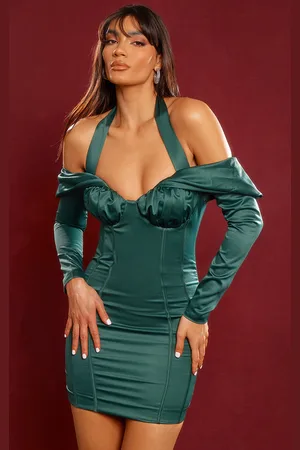 PRETTYLITTLETHING Premium Constructed Satin Draped Bardot Bodycon Dress