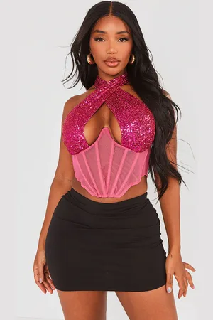 PRETTYLITTLETHING Shape Sequin Mesh Insert Wrap Neck Corset