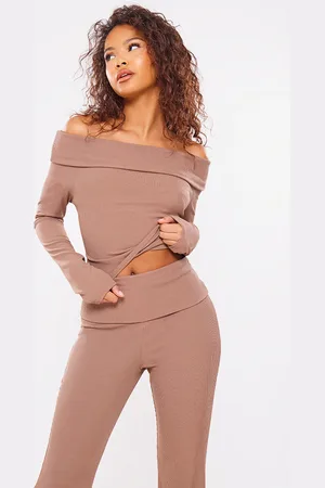 PRETTYLITTLETHING Mocha Rib Foldover Bardot Flute Sleeve Longline Top