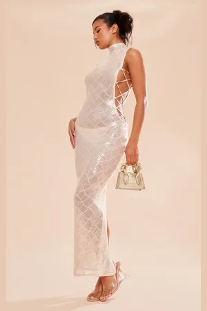 PRETTYLITTLETHING Gold Patterned Sequin Lace Up Side High Neck Midaxi Dress
