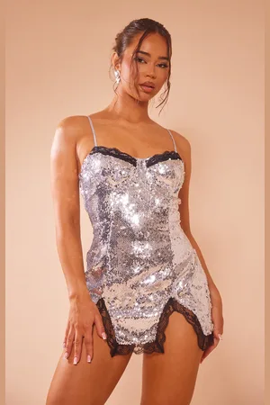 PRETTYLITTLETHING Silver Sequin Lace Detail Strappy Shift Dress