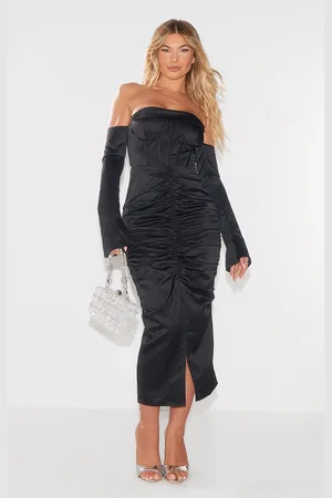 PRETTYLITTLETHING Premium Constructed Satin Draped Front Midi Dress