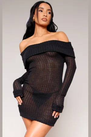 PRETTYLITTLETHING Sheer Rib Fold Over Bardot Bodycon Dress