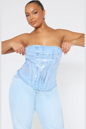 PRETTYLITTLETHING Plus Silver Washed Foil Denim Corset