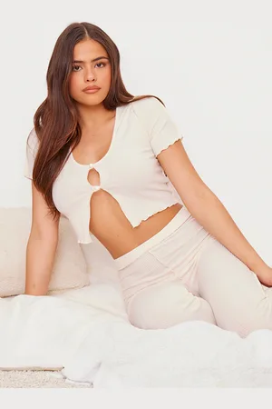 PRETTYLITTLETHING Cream Brushed Rib Short Sleeve Pyjama Top