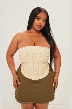 PRETTYLITTLETHING Plus Gold Washed Foil Denim Corset