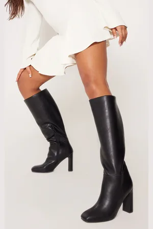 PRETTYLITTLETHING PU Square Toe Knee High Zip Block High Heel Boots