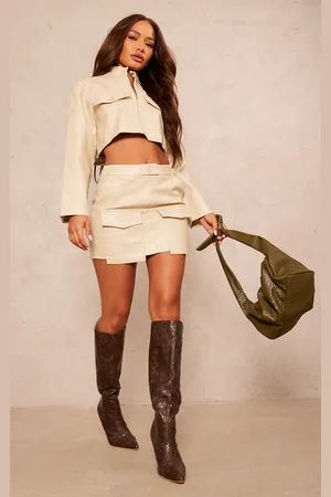 PRETTYLITTLETHING Petite Beige Faux Leather Pocket Detail Mini Skirt