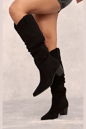 PRETTYLITTLETHING Faux Suede Point Toe Ruched Knee High Heeled Western Boots