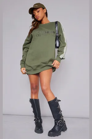 PRETTYLITTLETHING Khaki Pennsylvania Slogan Embroidered Jumper Dress