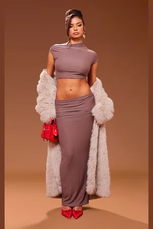 PRETTYLITTLETHING Mocha Soft Touch Asymmetric Fold Over Ruched Maxi Skirt