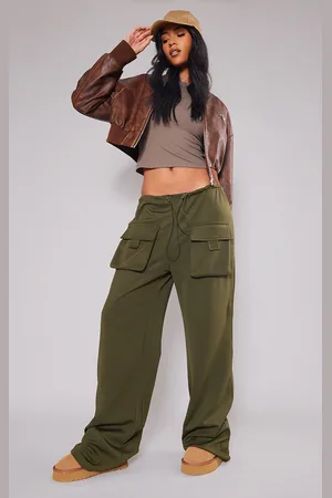 PRETTYLITTLETHING Shape Dark Khaki Green Buckle Detail Cargo Wide Leg Pants