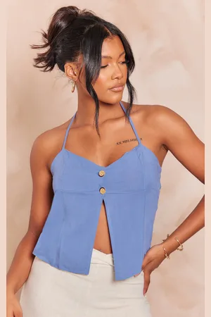 PRETTYLITTLETHING Linen Button Detail Halterneck Split Front Longline Cami Top