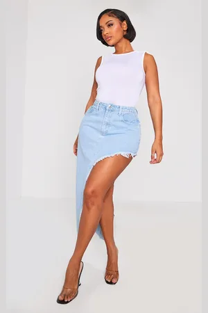 PRETTYLITTLETHING Shape Denim Asymmetric Frayed Hem Midaxi Skirt