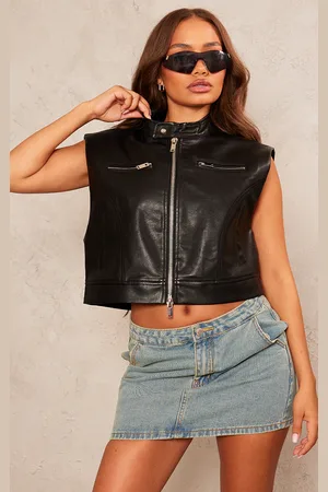 PRETTYLITTLETHING Petite Sleeveless Collared Faux Leather Gilet