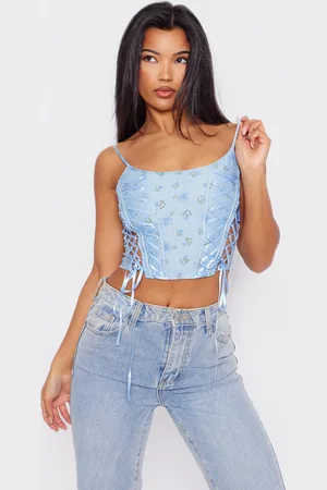 Pretty Little Thing Hook and Eye Corset Blue Denim crop top size