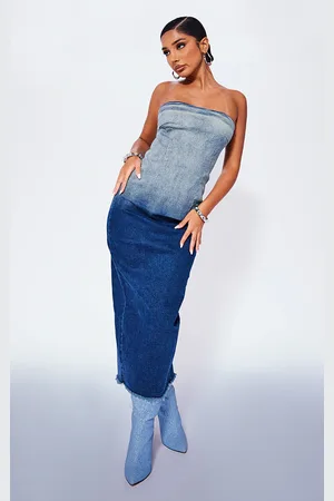PRETTYLITTLETHING Petite Washed Ombre Denim Bandeau Midaxi Dress