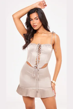 PRETTYLITTLETHING Taupe Lace Up Corset Frill Hem Shift Dress