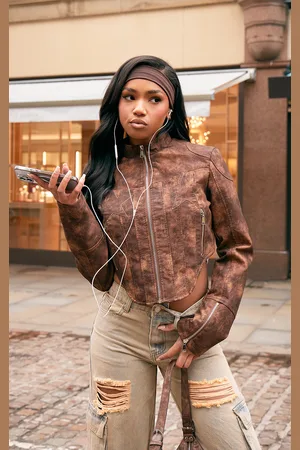 PRETTYLITTLETHING Distressed Faux Leather Star Embroidery Biker Jacket