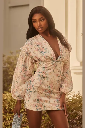 PRETTYLITTLETHING Ditsy Floral Print Embroidered Neck Tie Detail Shift Dress