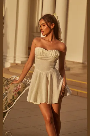 PRETTYLITTLETHING Cream Jacquard Skater Dress