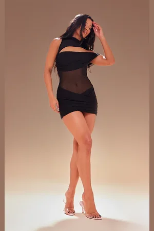 PRETTYLITTLETHING Premium Double Layer Mesh Twist Detail Bodycon Dress