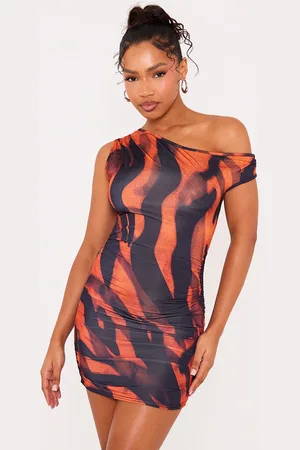 PRETTYLITTLETHING Printed Slinky Bardot One Shoulder Cut Out Mini Dress