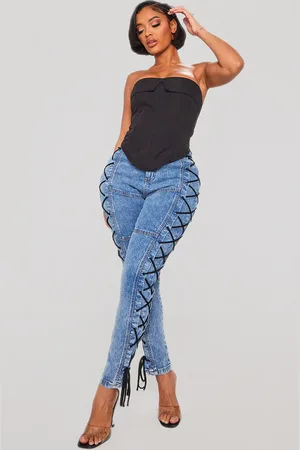 PRETTYLITTLETHING Shape Washed Denim Lace Up Skinny Jeans