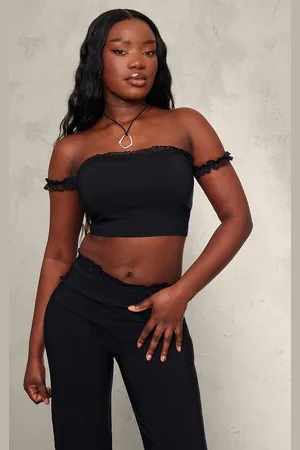 PRETTYLITTLETHING Stretch Woven Lace Detail Off The Shoulder Crop Top