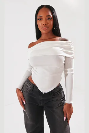 PRETTYLITTLETHING Shape Rib Bardot Ruched Side Longline Top