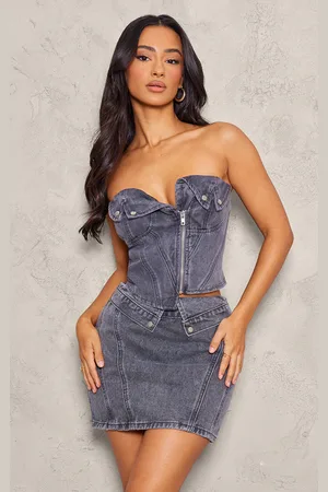 PRETTYLITTLETHING Petite Denim Fold Over Zip Up Corset