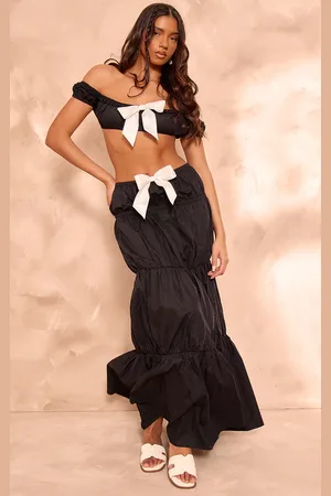PRETTYLITTLETHING Woven Ruched Asymmetric Bow Detail Maxi Skirt