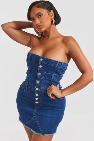 PRETTYLITTLETHING Shape Dark Blue Denim Button Front Bandeau Dress
