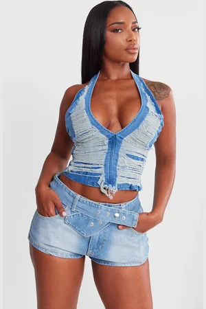 PRETTYLITTLETHING Shape Denim Distressed Halterneck Longline Top