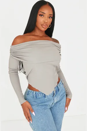 PRETTYLITTLETHING Shape Charcoal Rib Bardot Ruched Side Longline Top