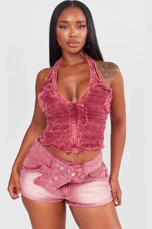 PRETTYLITTLETHING Shape Denim Distressed Halterneck Longline Top