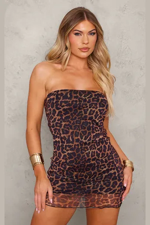 PRETTYLITTLETHING Leopard Print Mesh Lettuce Hem Bandeau Bodycon Dress